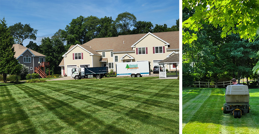 The Walker Mowers collect grass clippings all season long. Bagging is a necessity due to the lush turf Ground Effects
lawn care technicians nurture. They’ve begun using a unique bluegrass that grows significantly deeper roots. In
combination with a nutrient-rich compost topdressing, Sean Bishop says “It’s like putting grass on steroids.